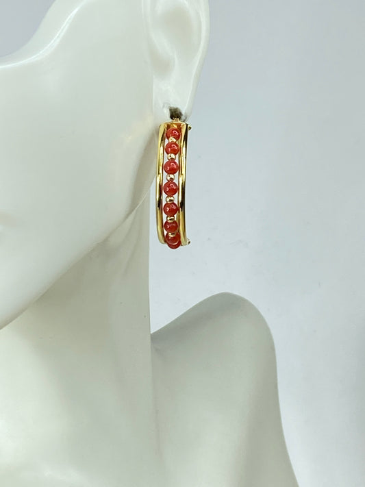 Italy Milor 14K yellow gold Station Coral Gold bead Hoop earrings 2.7g 1" JR0060