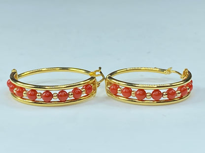 Italy Milor 14K yellow gold Station Coral Gold bead Hoop earrings 2.7g 1" JR0060