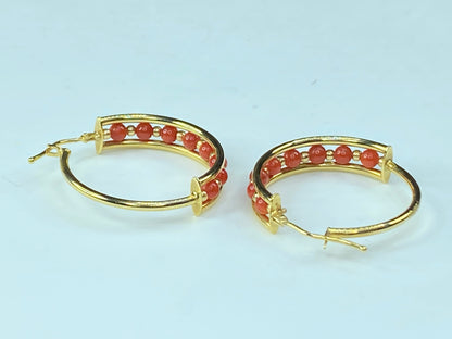 Italy Milor 14K yellow gold Station Coral Gold bead Hoop earrings 2.7g 1" JR0060