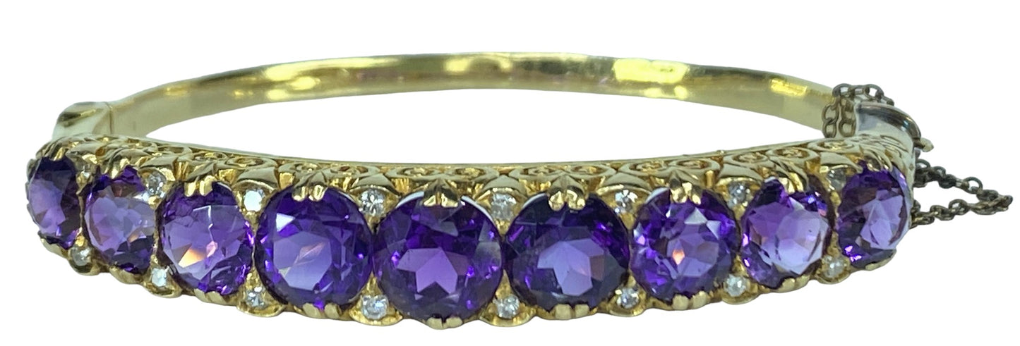 Regal Amethyst Old Euro cut Diamond 14K bangle