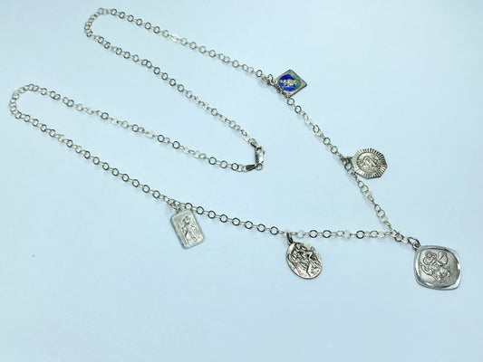 Italian 925 Silver Rosary-Style Chain Necklace w Religious Medallions 32" JR1100