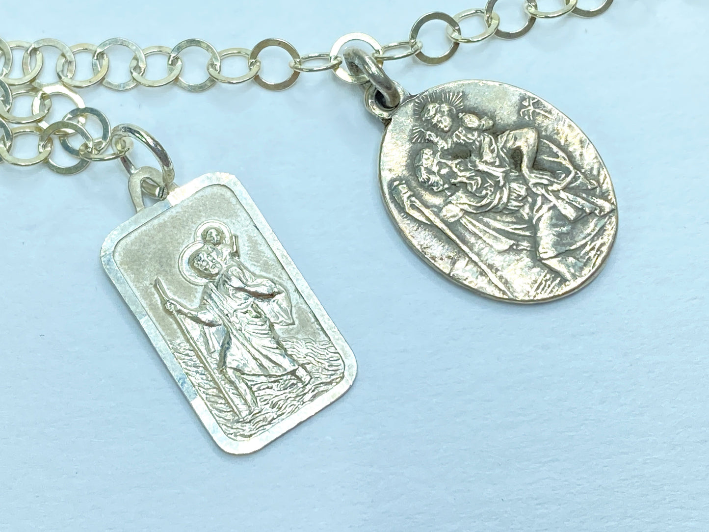 Italian 925 Silver Rosary-Style Chain Necklace w Religious Medallions 32" JR1100