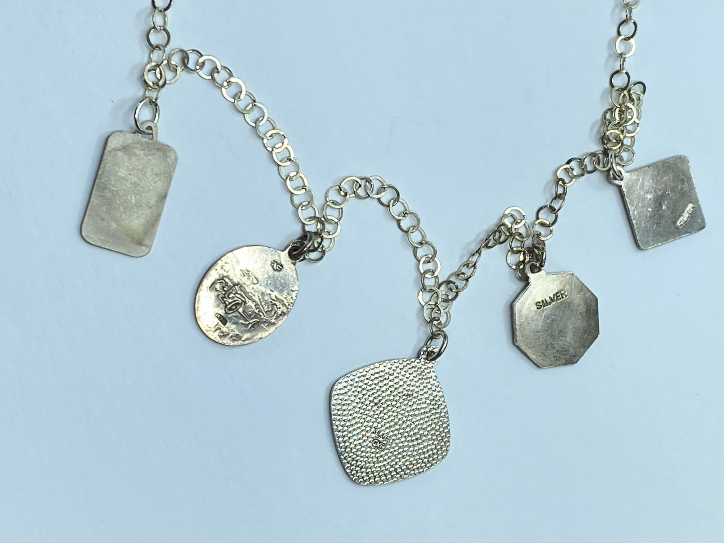 Italian 925 Silver Rosary-Style Chain Necklace w Religious Medallions 32" JR1100