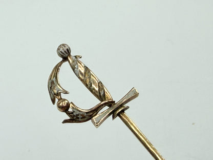 Art Deco 14K Gold Stick Pin White Enamel Sword Motif 2 7/8" 2.0g JR1190