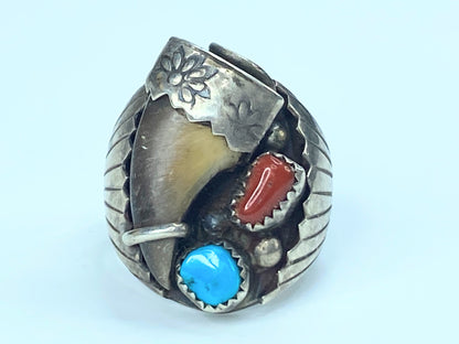 Native American "Toadlena" Turquoise & Coral old pawn Ring JR8962