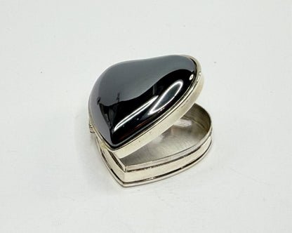 Sterling Silver Hematite Heart Shaped Hinged Trinket pill Box 26.8g SS183