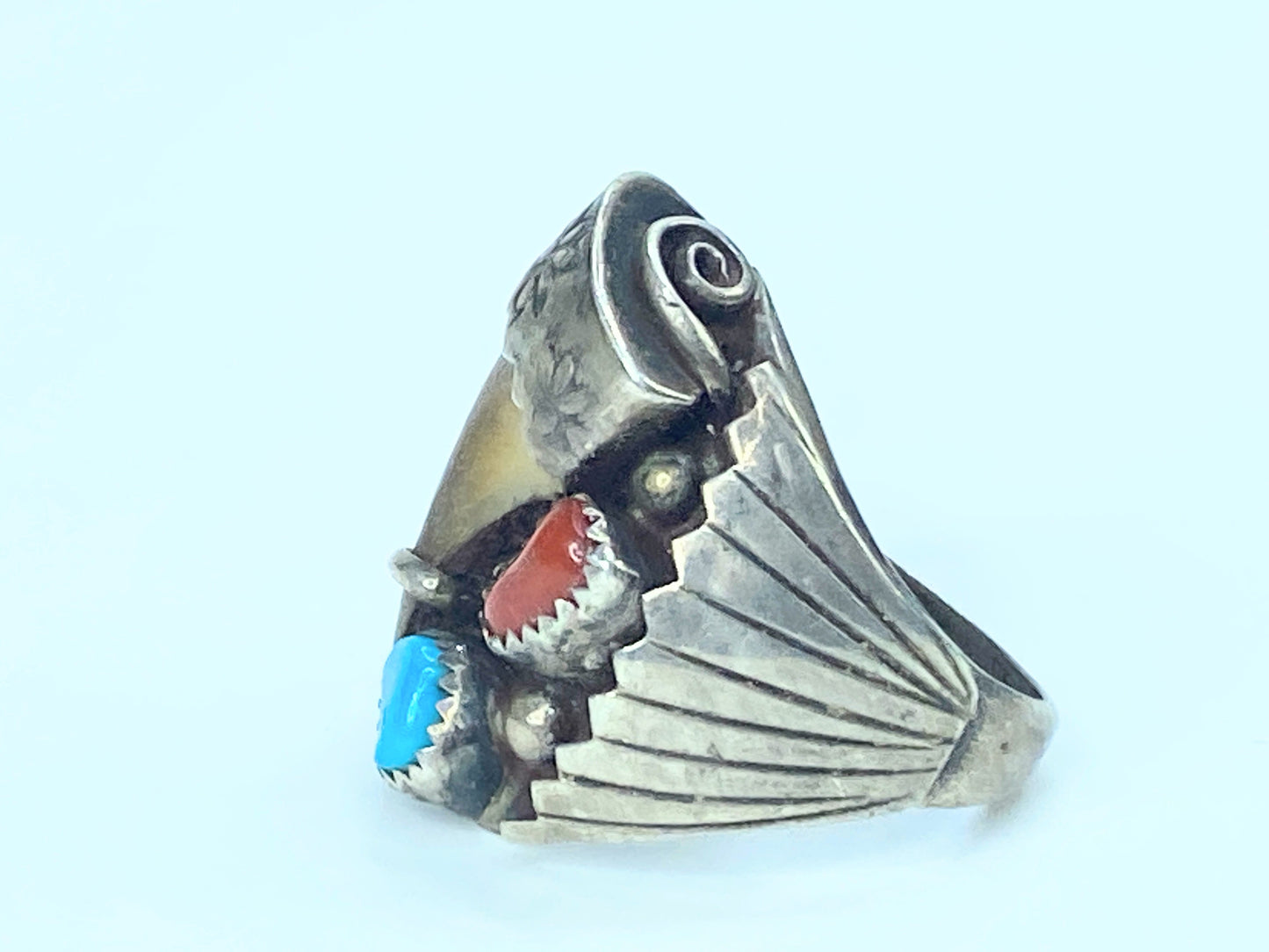 Native American "Toadlena" Turquoise & Coral old pawn Ring JR8962