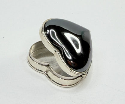 Sterling Silver Hematite Heart Shaped Hinged Trinket pill Box 26.8g SS183
