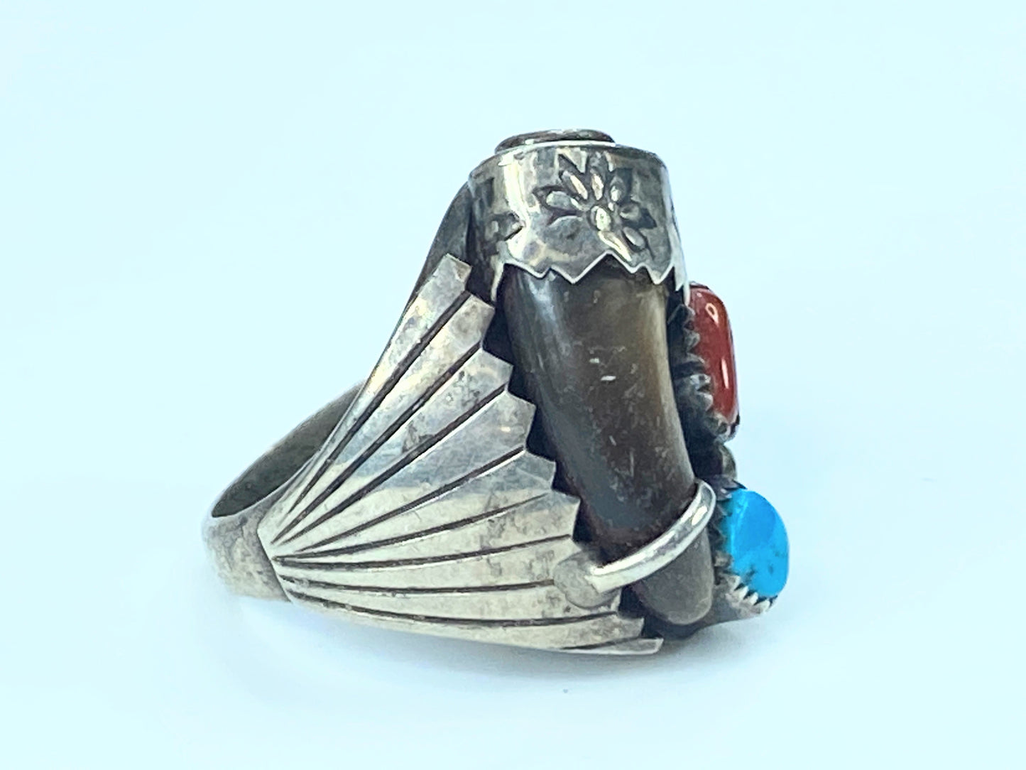 Native American "Toadlena" Turquoise & Coral old pawn Ring JR8962