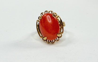 Early 20th Century 14K Gold Natural Coral Oval Ring Size 9.75 7.2g JR1194