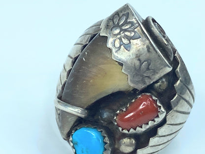 Native American "Toadlena" Turquoise & Coral old pawn Ring JR8962