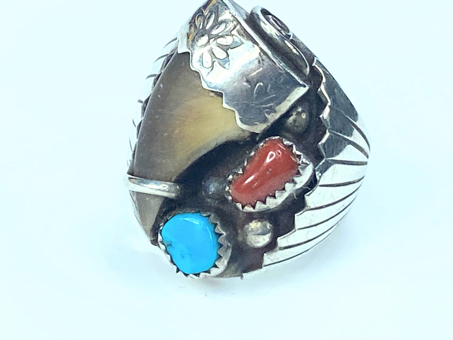 Native American "Toadlena" Turquoise & Coral old pawn Ring JR8962