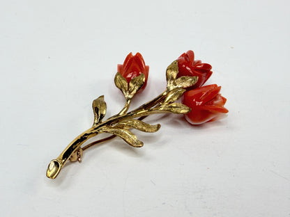 Early 20th Century 14K Gold Carved Coral Rose Floral Brooch Pin JR1195