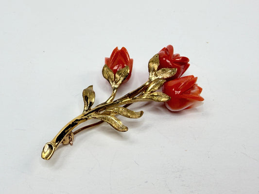 Early 20th Century 14K Gold Carved Coral Rose Floral Brooch Pin JR1195