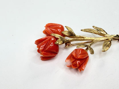 Early 20th Century 14K Gold Carved Coral Rose Floral Brooch Pin JR1195