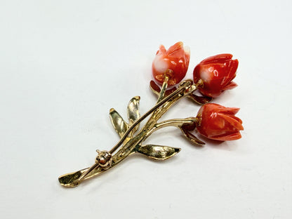 Early 20th Century 14K Gold Carved Coral Rose Floral Brooch Pin JR1195