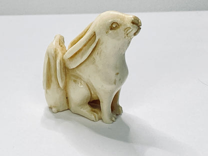 Vintage Netsuke Bunny & Baby Miniature, Hand Carved Resin, 1950–60s Signed A673