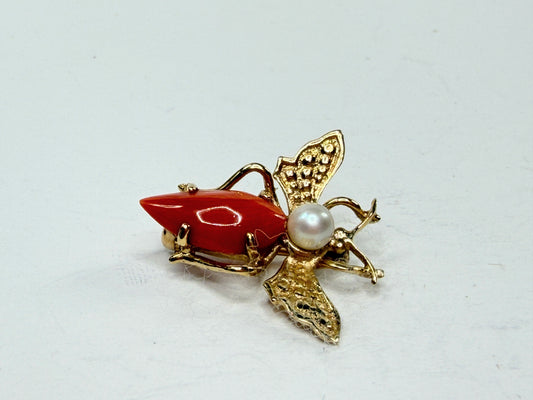 Early 20th Century 14K Gold Coral Pearl Bee Brooch Figural Insect Antique JR1196