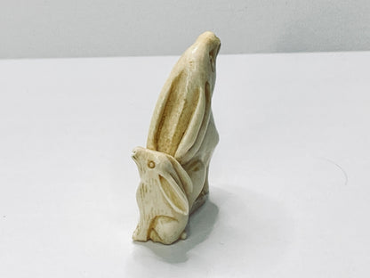 Vintage Netsuke Bunny & Baby Miniature, Hand Carved Resin, 1950–60s Signed A673