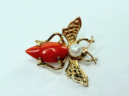 Early 20th Century 14K Gold Coral Pearl Bee Brooch Figural Insect Antique JR1196