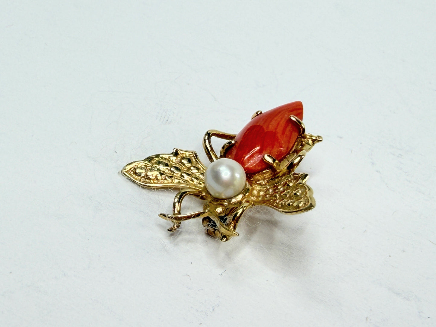 Early 20th Century 14K Gold Coral Pearl Bee Brooch Figural Insect Antique JR1196