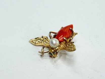 Early 20th Century 14K Gold Coral Pearl Bee Brooch Figural Insect Antique JR1196