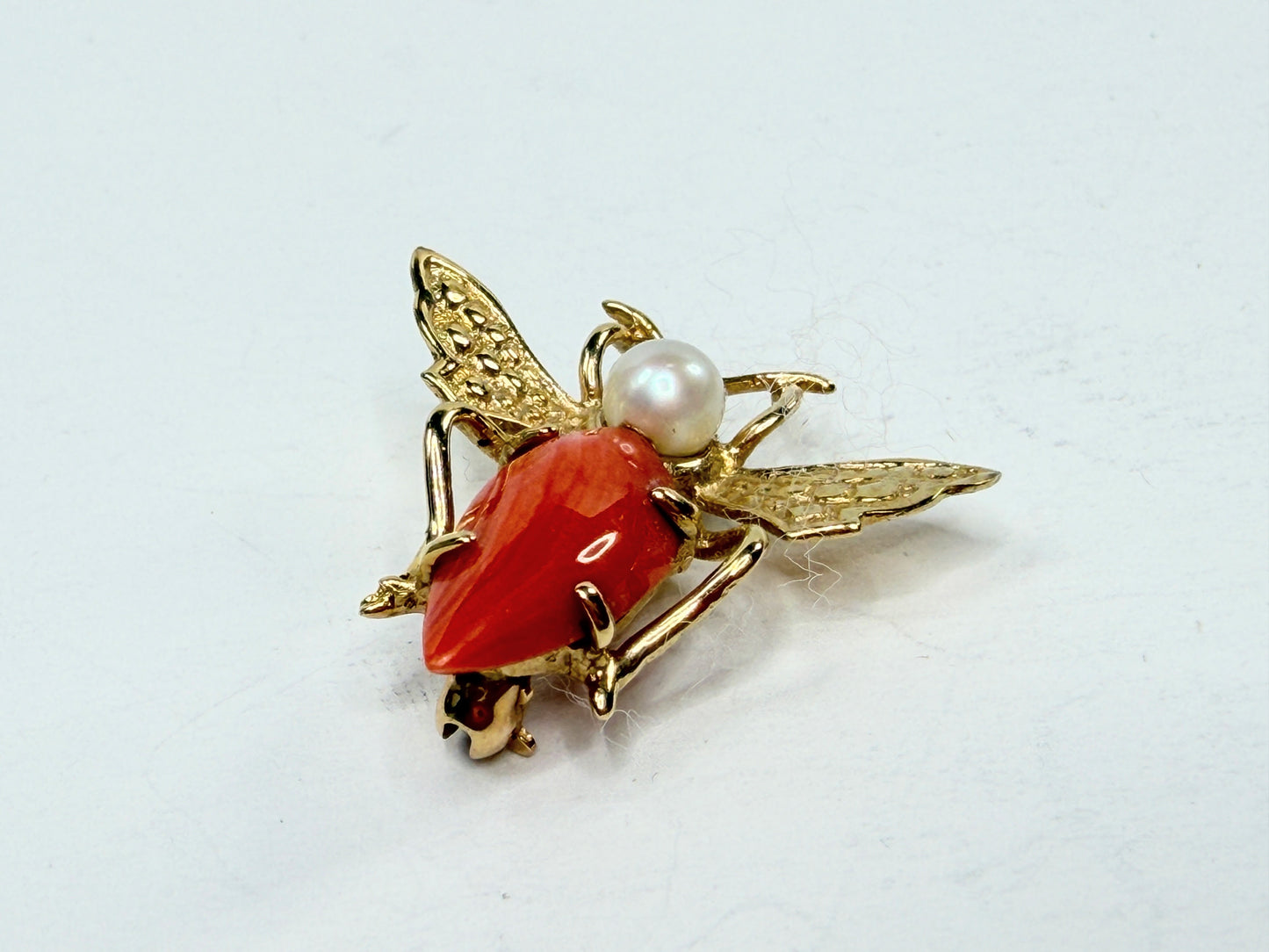 Early 20th Century 14K Gold Coral Pearl Bee Brooch Figural Insect Antique JR1196