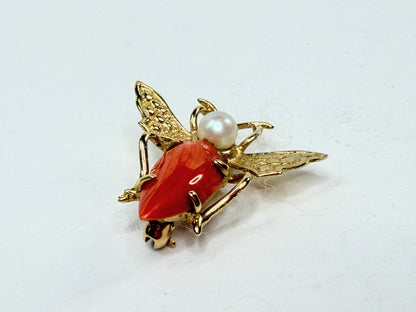 Early 20th Century 14K Gold Coral Pearl Bee Brooch Figural Insect Antique JR1196