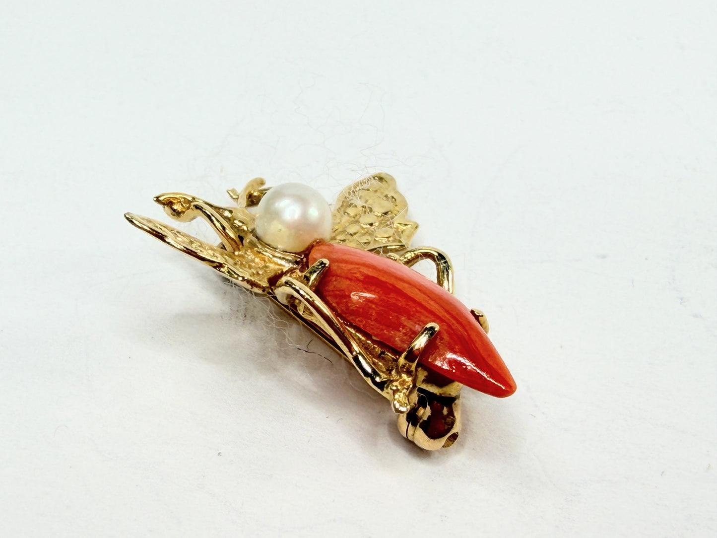 Early 20th Century 14K Gold Coral Pearl Bee Brooch Figural Insect Antique JR1196