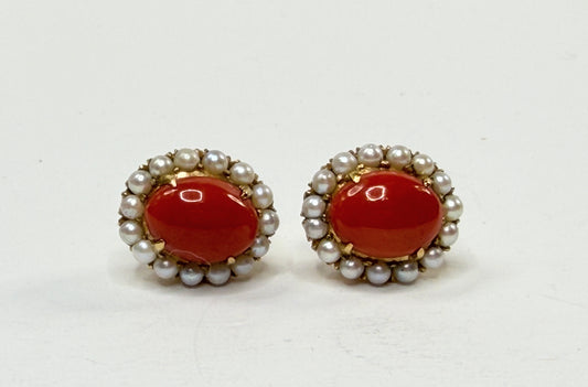 14K Gold Natural Coral Pearl Halo Stud Earrings Vintage Fine Jewelry Pair JR1197