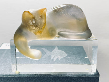 Daum France Petit Chat Sur Socle Pate de Verre Signed Cat Figurine w/ Box A674