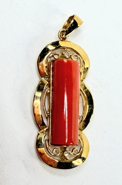 Early 20th Century 14K Gold Coral Bar Pendant with Diamond Accent Detail JR1198