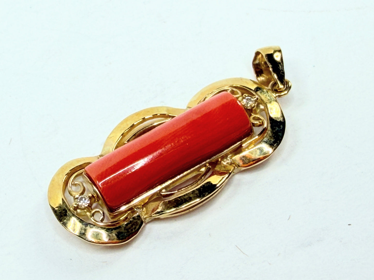 Early 20th Century 14K Gold Coral Bar Pendant with Diamond Accent Detail JR1198