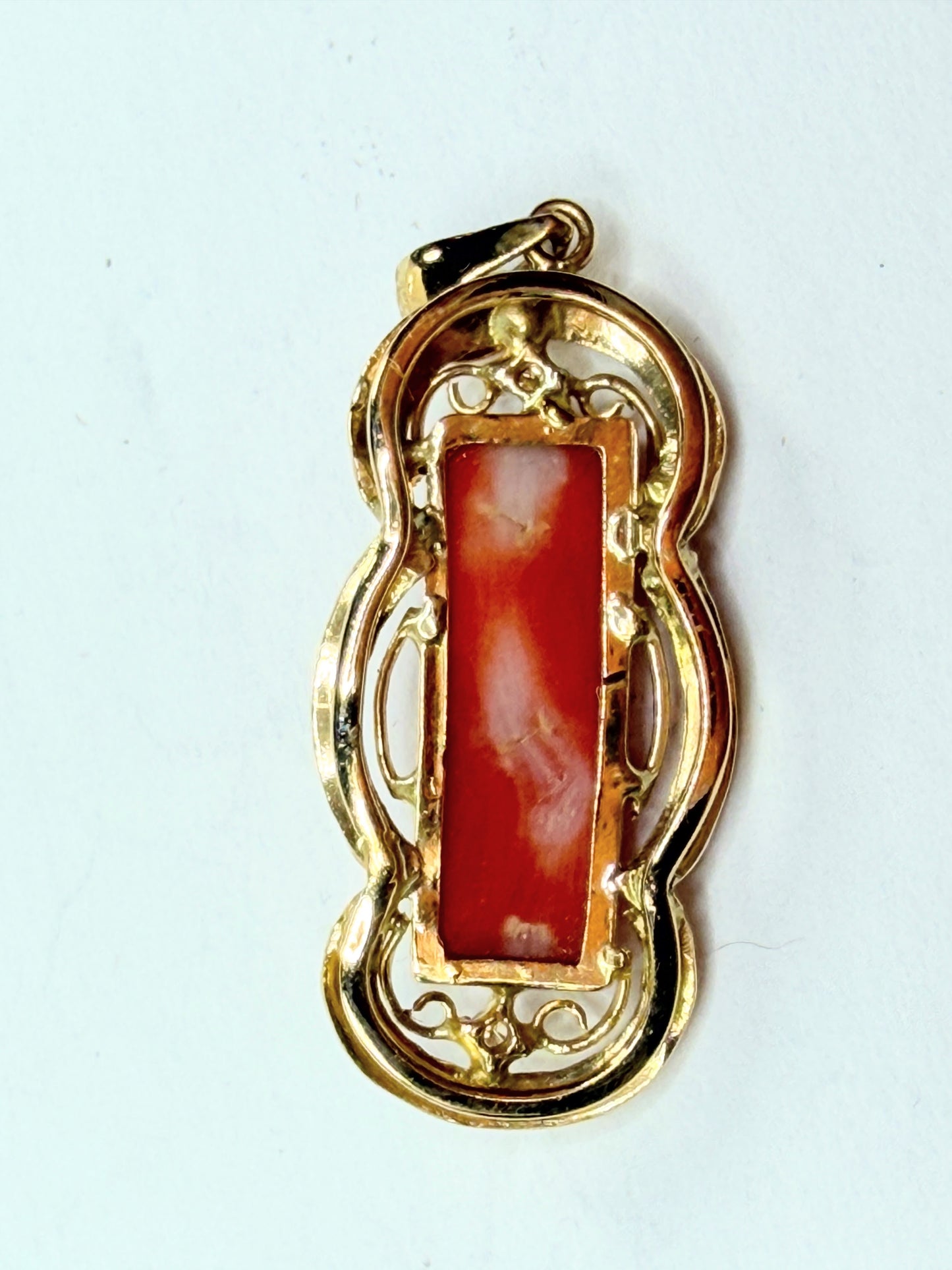 Early 20th Century 14K Gold Coral Bar Pendant with Diamond Accent Detail JR1198