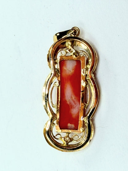 Early 20th Century 14K Gold Coral Bar Pendant with Diamond Accent Detail JR1198