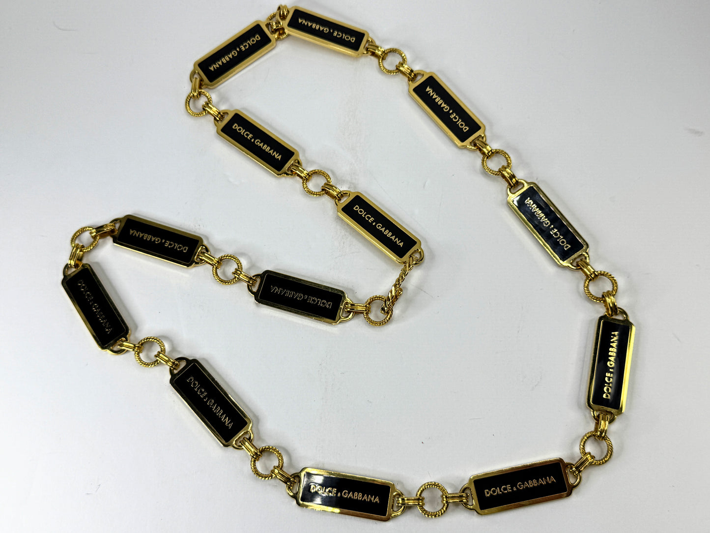 Vintage Dolce & Gabbana Black Enamel Gold Tone Logo Chain Belt Necklace GS850