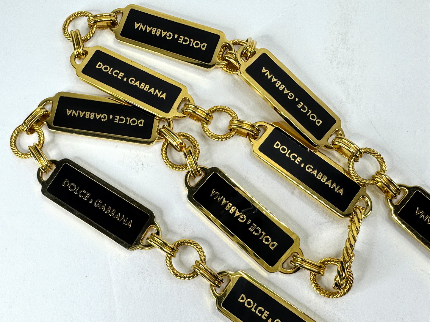 Vintage Dolce & Gabbana Black Enamel Gold Tone Logo Chain Belt Necklace GS850