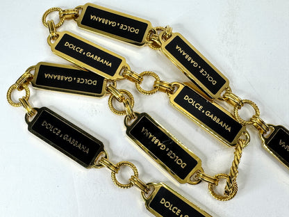 Vintage Dolce & Gabbana Black Enamel Gold Tone Logo Chain Belt Necklace GS850