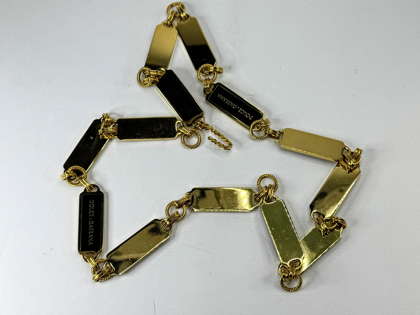 Vintage Dolce & Gabbana Black Enamel Gold Tone Logo Chain Belt Necklace GS850