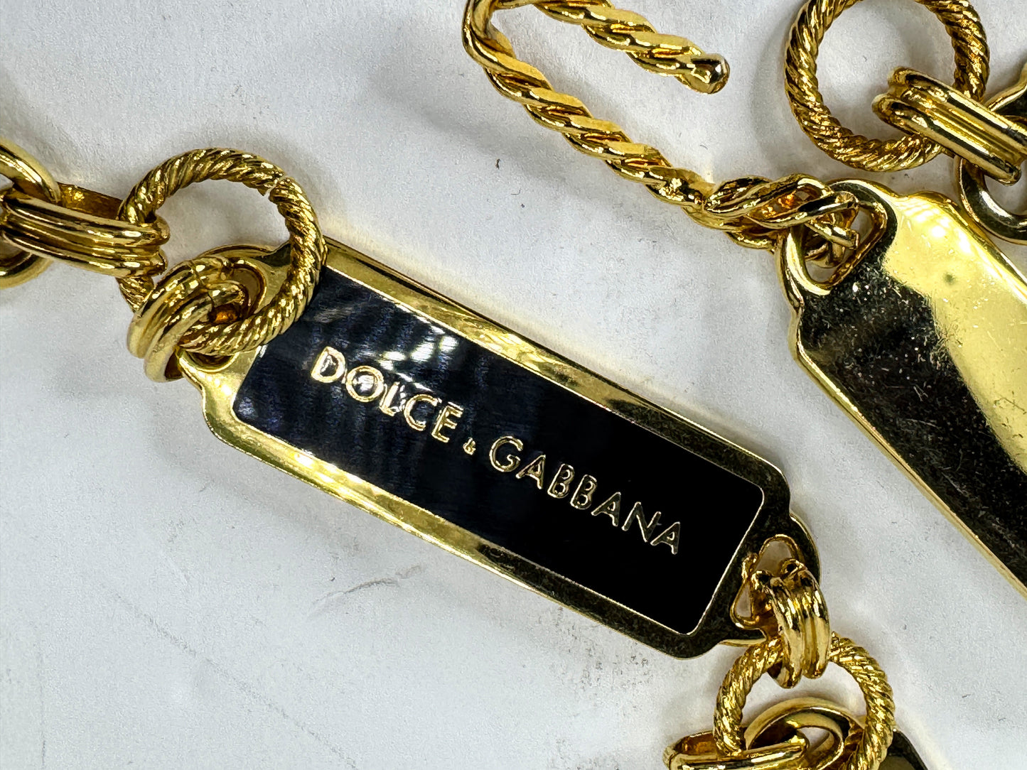 Vintage Dolce & Gabbana Black Enamel Gold Tone Logo Chain Belt Necklace GS850