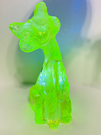 Vintage Fenton Vaseline Topaz Alley Figurine, 11" Tall, Signed Label A675