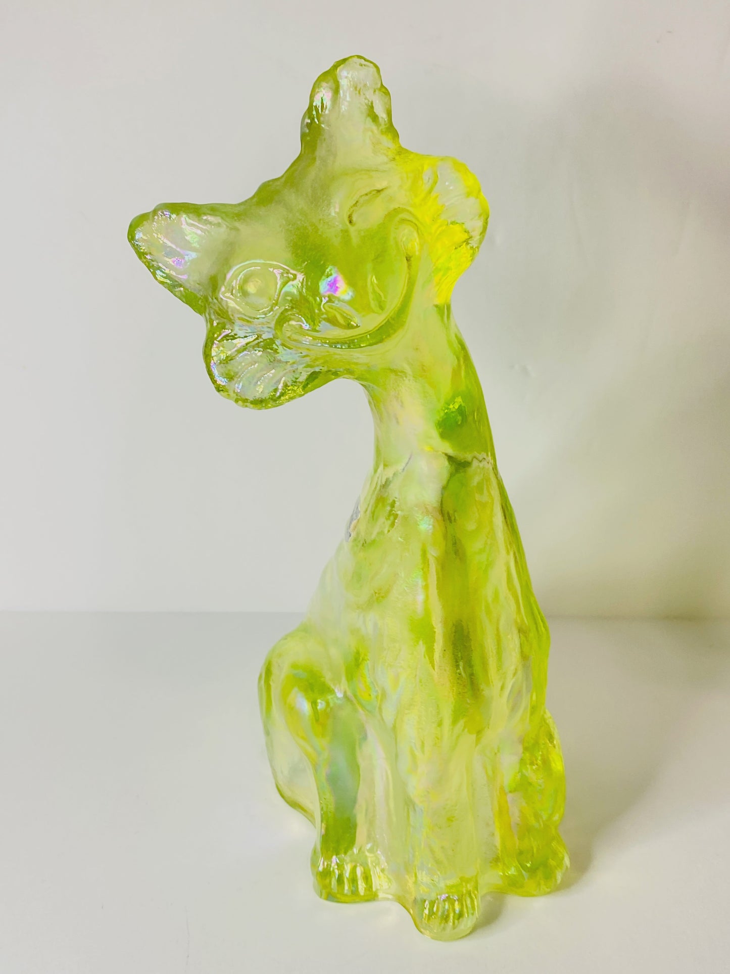 Vintage Fenton Vaseline Topaz Alley Figurine, 11" Tall, Signed Label A675