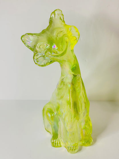 Vintage Fenton Vaseline Topaz Alley Figurine, 11" Tall, Signed Label A675