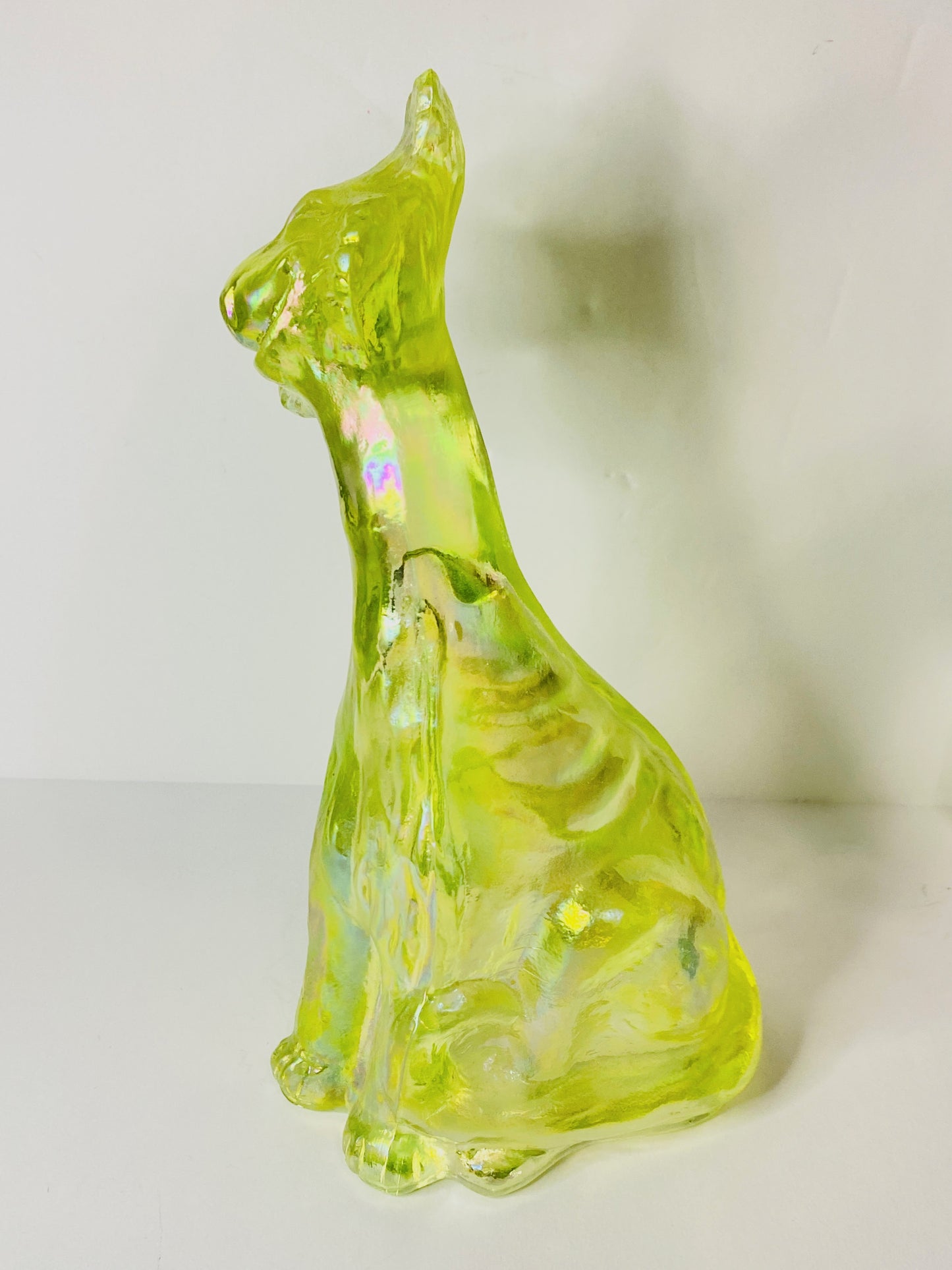 Vintage Fenton Vaseline Topaz Alley Figurine, 11" Tall, Signed Label A675