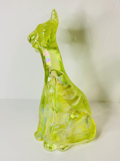 Vintage Fenton Vaseline Topaz Alley Figurine, 11" Tall, Signed Label A675