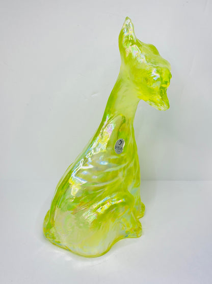 Vintage Fenton Vaseline Topaz Alley Figurine, 11" Tall, Signed Label A675