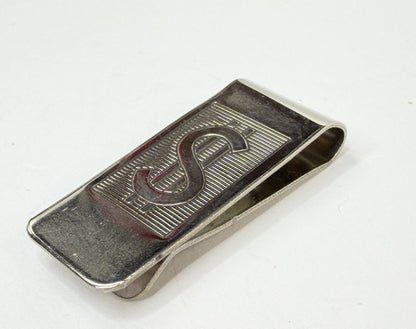 Vintage European 800 Silver Money Clip Dollar Sign Engraved Design Art Era SS184