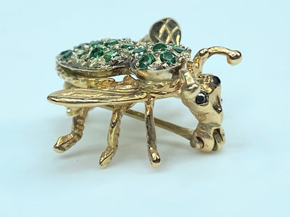 Emerald Diamond eyes Bumble Bee Brooch Pin 14KT yellow gold 4.0g JR0068