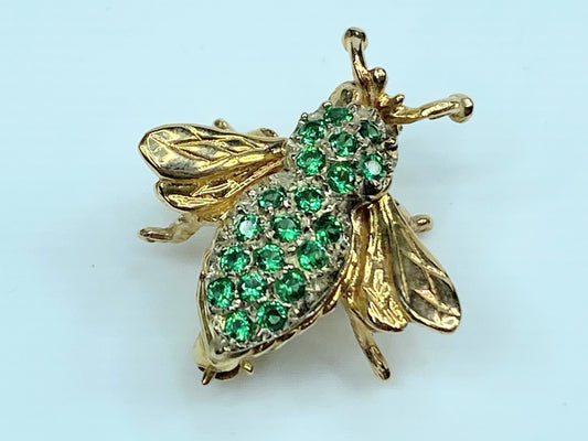 Emerald Diamond eyes Bumble Bee Brooch Pin 14KT yellow gold 4.0g JR0068