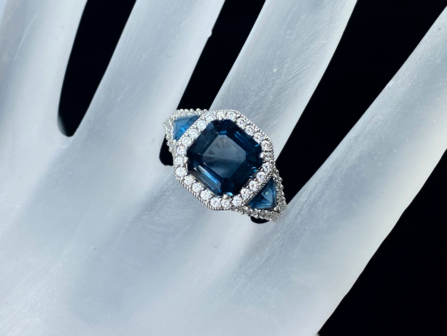 Judith Ripka Sterling Asscher London Blue Topaz Diamonique Ring JR8970